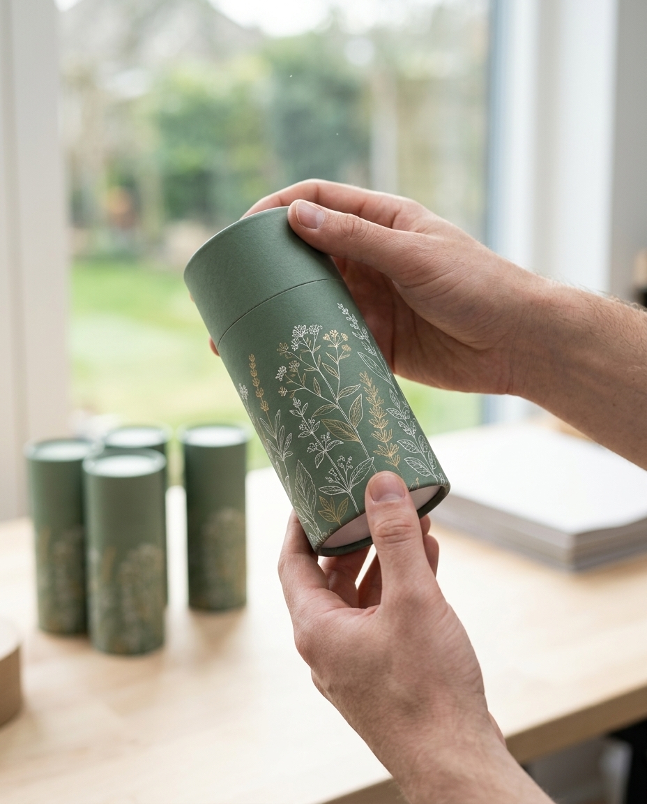 Hands inspecting a finished paper tube in a modern workshop