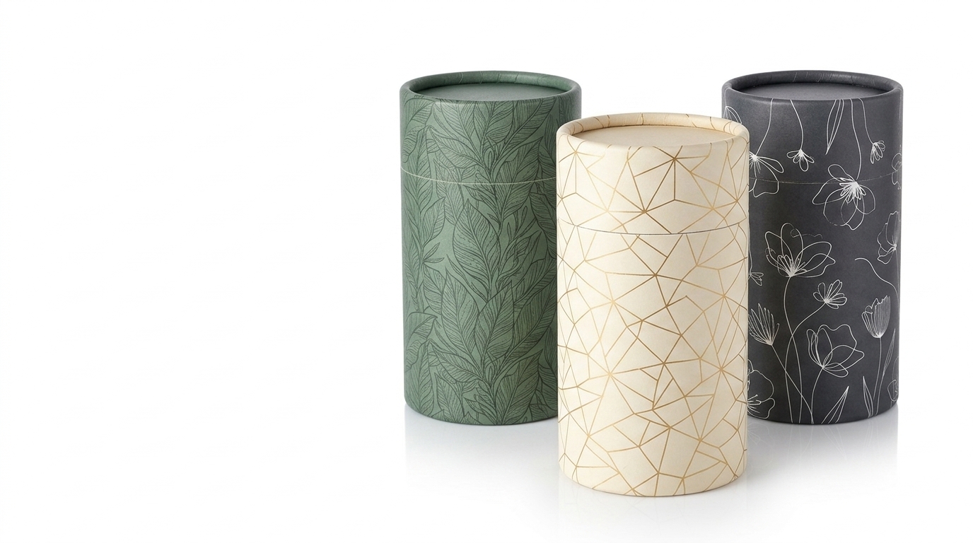 Three premium paper packaging tubes in sage green, cream, and charcoal