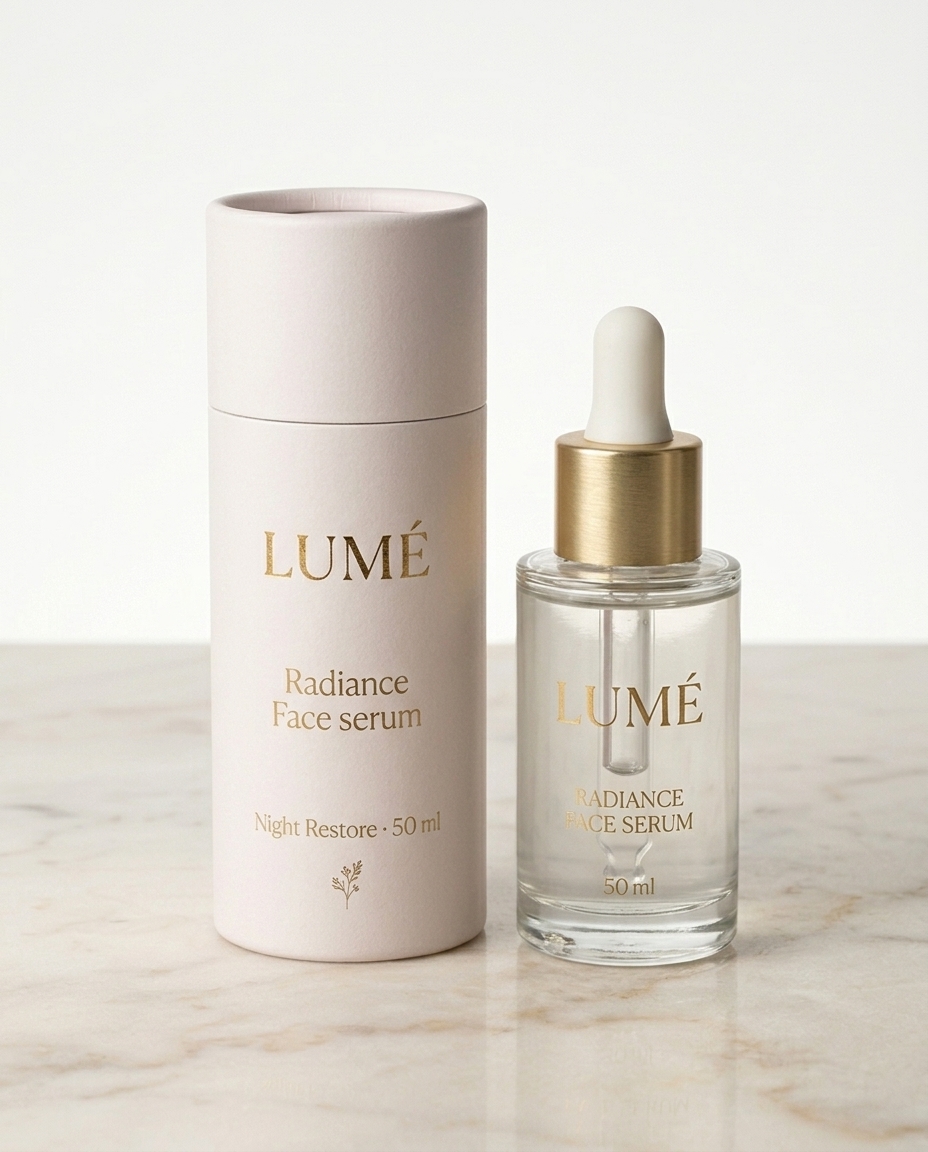LUMÉ cosmetic paper tube with serum bottle on marble surface