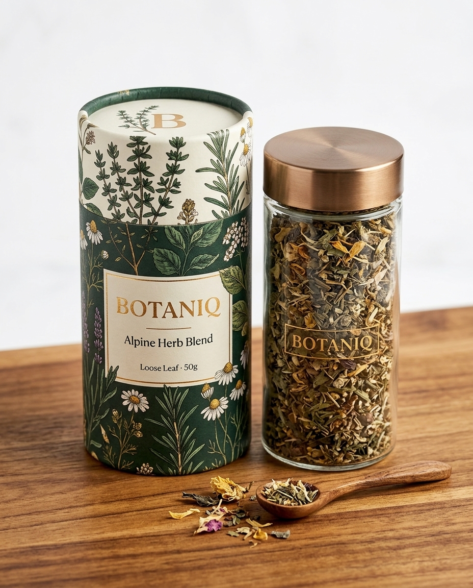 BOTANIQ alpine herb blend paper tube with glass canister on wood surface