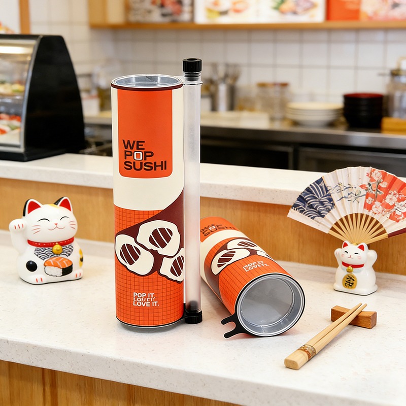 We Pop Sushi bold full-bleed printed specialty paper tubes in a Japanese restaurant setting